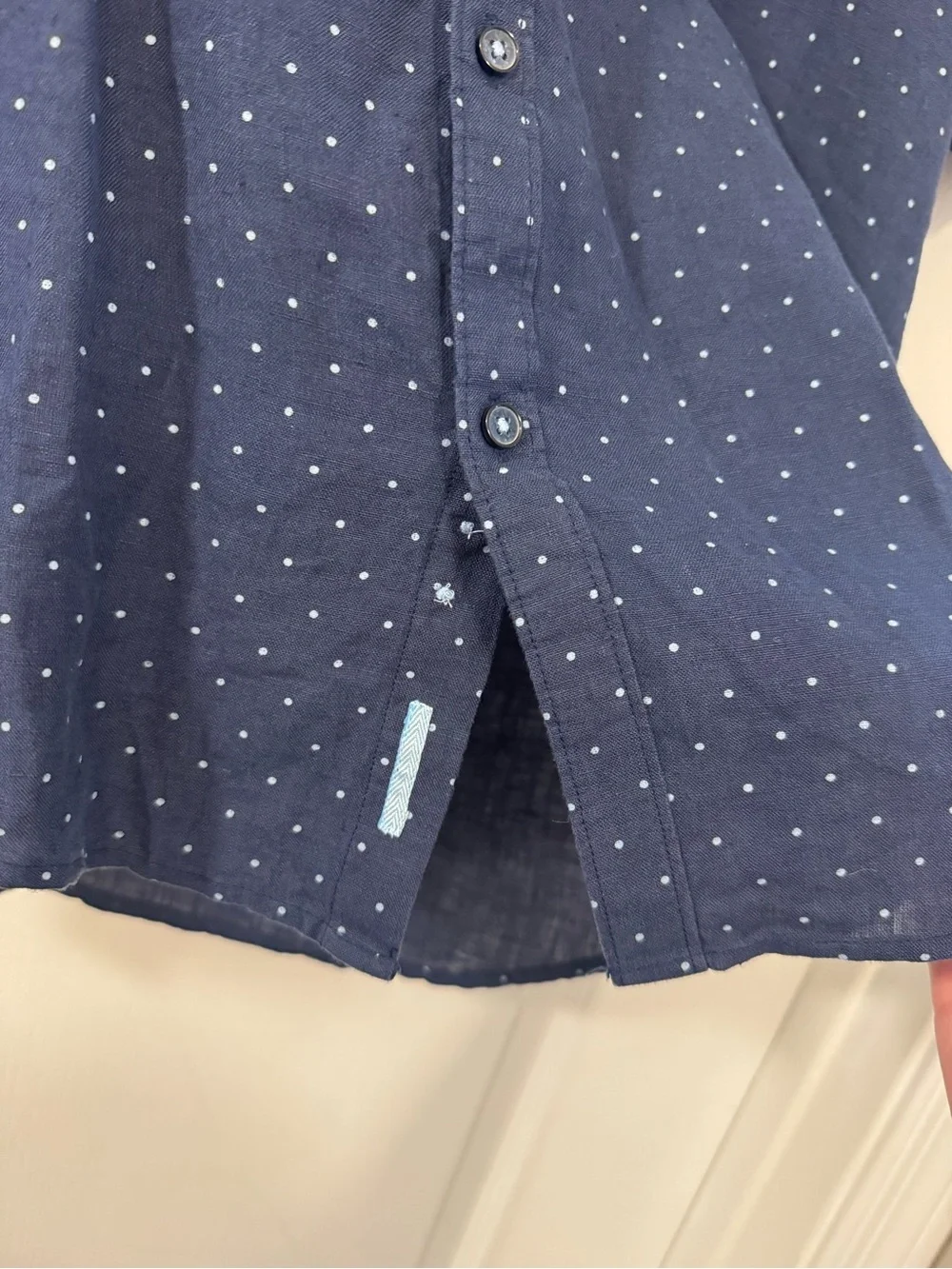 Denim & Flower 100% Linen Navy Short-Sleeve Dot Button-Down Shirt